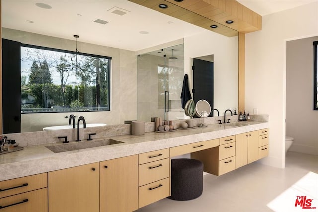 bathroom with a shower with door, vanity, and toilet