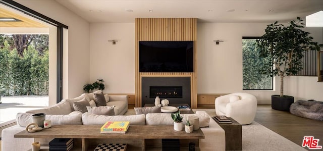 living room featuring hardwood / wood-style flooring, a large fireplace, and a healthy amount of sunlight