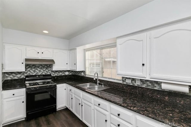 kitchen with white cabinetry, black range with gas stovetop, and sink