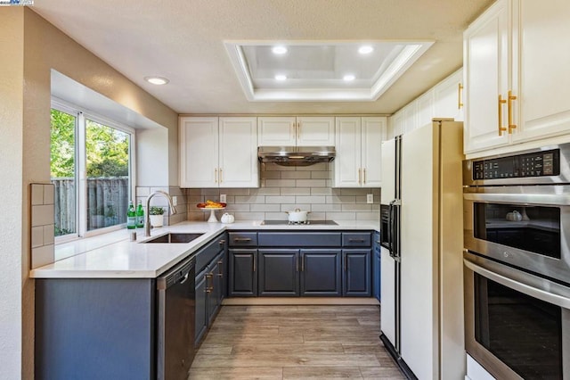 kitchen with sink, appliances with stainless steel finishes, white cabinetry, gray cabinetry, and a raised ceiling