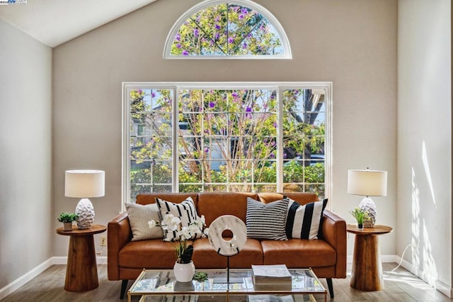 sitting room with lofted ceiling and light hardwood / wood-style floors