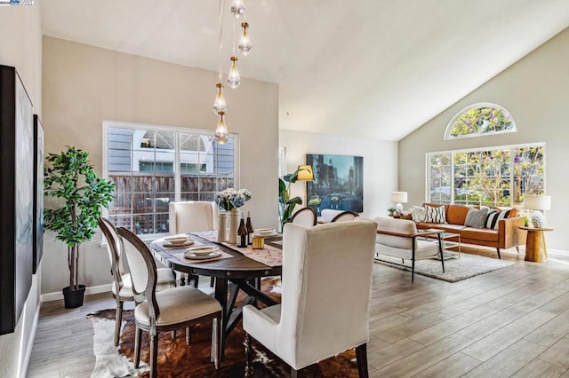 dining area with hardwood / wood-style flooring and high vaulted ceiling