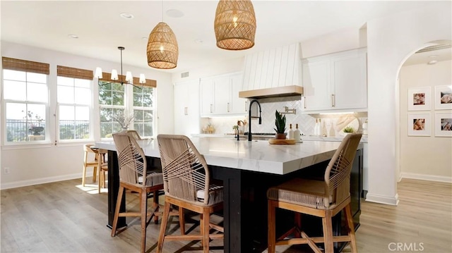 19 Basilica Pl, Ladera Ranch, CA 92694 - kitchen featuring custom range hood, tasteful backsplash, light wood finished floors, and arched walkways