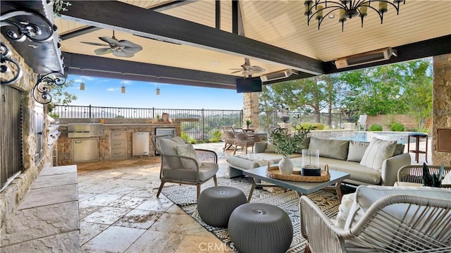 19 Basilica Pl, Ladera Ranch, CA 92694 - fenced backyard featuring area for grilling, an outdoor hangout area, ceiling fan, and a patio area