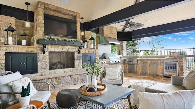 19 Basilica Pl, Ladera Ranch, CA 92694 - view of patio featuring beverage cooler, an outdoor hangout area, area for grilling, and ceiling fan