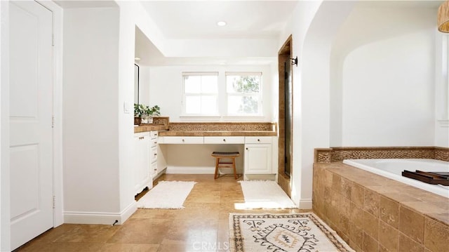 19 Basilica Pl, Ladera Ranch, CA 92694 - bathroom with a garden tub, vanity, a shower with shower door, and recessed lighting