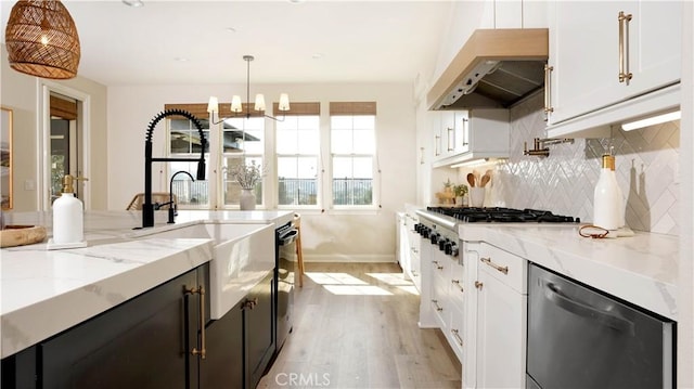 19 Basilica Pl, Ladera Ranch, CA 92694 - kitchen featuring appliances with stainless steel finishes, under cabinet range hood, light wood finished floors, white cabinets, and light stone countertops