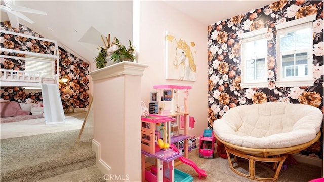 19 Basilica Pl, Ladera Ranch, CA 92694 - playroom featuring carpet, lofted ceiling, and ceiling fan
