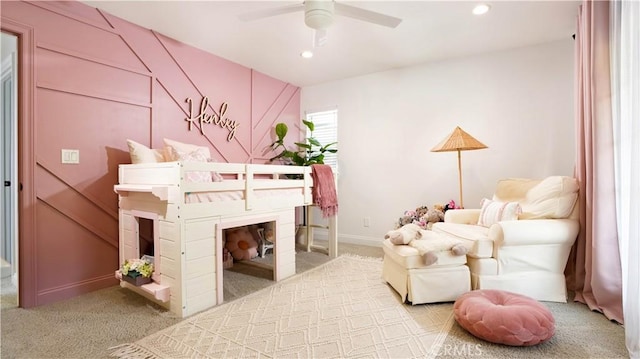 19 Basilica Pl, Ladera Ranch, CA 92694 - living area featuring light colored carpet, ceiling fan, and recessed lighting