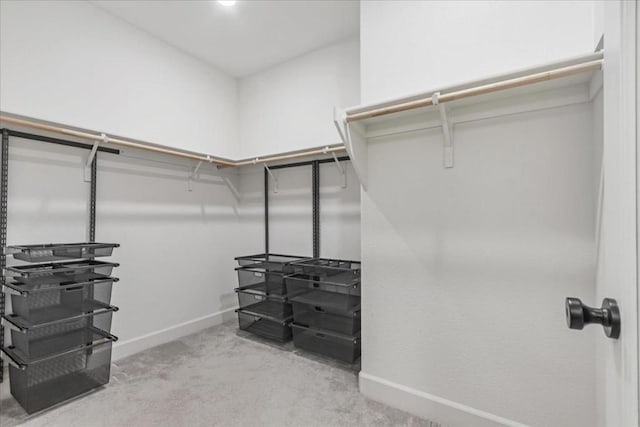 walk in closet with light colored carpet