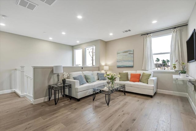 living room featuring a healthy amount of sunlight and light hardwood / wood-style flooring