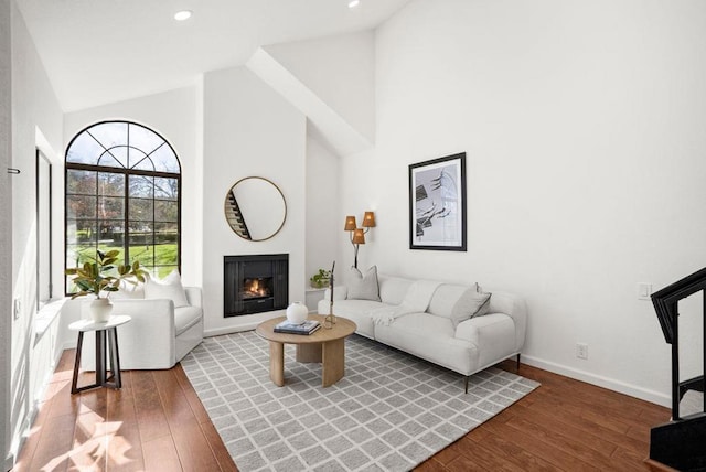 living room featuring hardwood / wood-style flooring and high vaulted ceiling