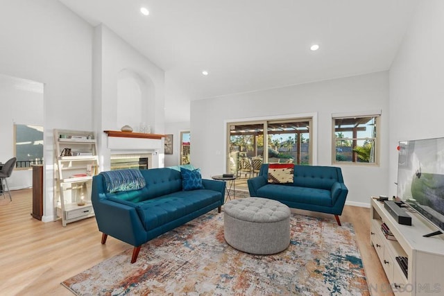 living room featuring a towering ceiling and light wood-type flooring