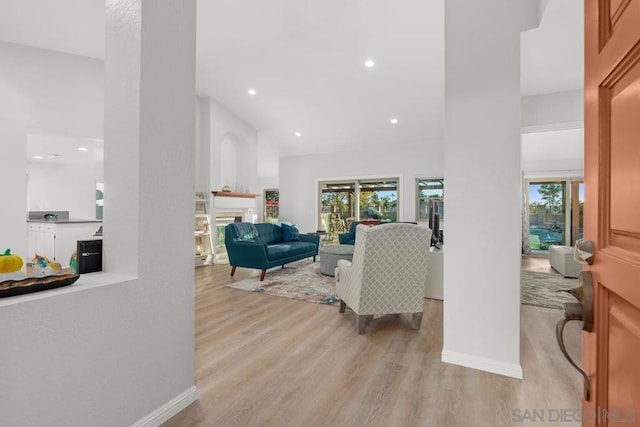 living room featuring high vaulted ceiling and light hardwood / wood-style floors