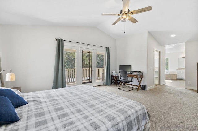 bedroom with ensuite bath, vaulted ceiling, light carpet, access to outside, and ceiling fan