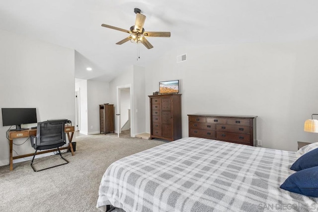 carpeted bedroom with high vaulted ceiling and ceiling fan