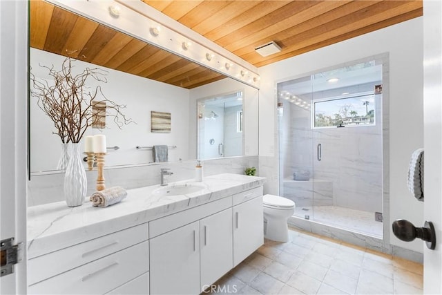 bathroom featuring vanity, wood ceiling, a shower with door, and toilet