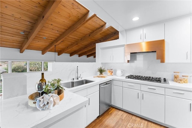 kitchen with sink, stainless steel appliances, tasteful backsplash, white cabinets, and wooden ceiling