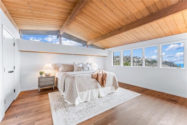 bedroom featuring wood ceiling, wood-type flooring, and vaulted ceiling with beams