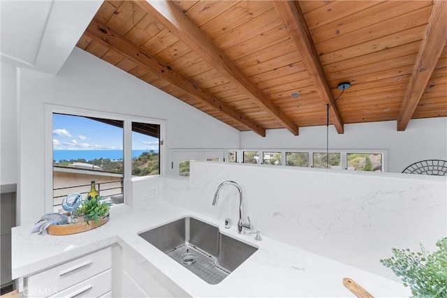 kitchen featuring sink, lofted ceiling with beams, wooden ceiling, and white cabinets