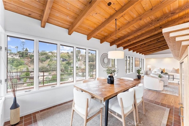 sunroom / solarium featuring vaulted ceiling with beams, a wealth of natural light, and wooden ceiling