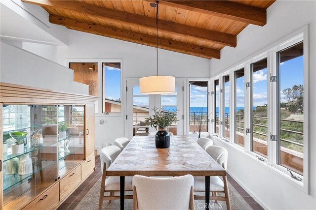 sunroom with a water view, lofted ceiling with beams, and wooden ceiling