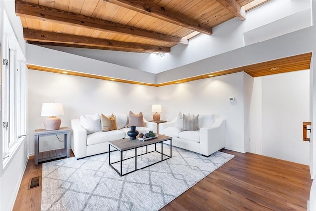 living area featuring light wood-type flooring, wood ceiling, visible vents, and beamed ceiling