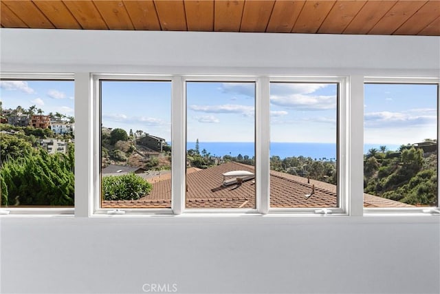 interior space with a water view and wooden ceiling