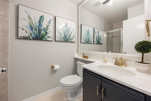 full bathroom with vanity, baseboards, visible vents, a stall shower, and toilet