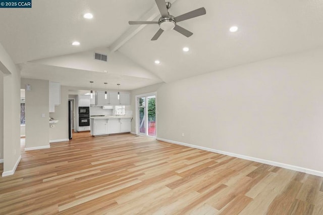 unfurnished living room with beam ceiling, ceiling fan, high vaulted ceiling, and light hardwood / wood-style floors