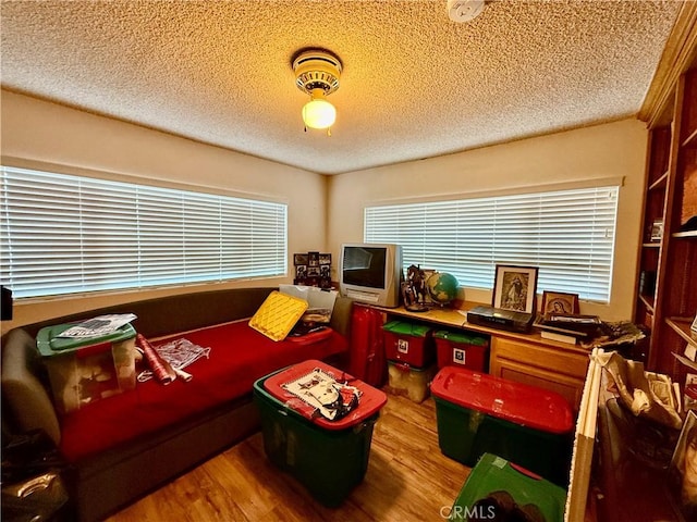 recreation room featuring hardwood / wood-style floors and a textured ceiling