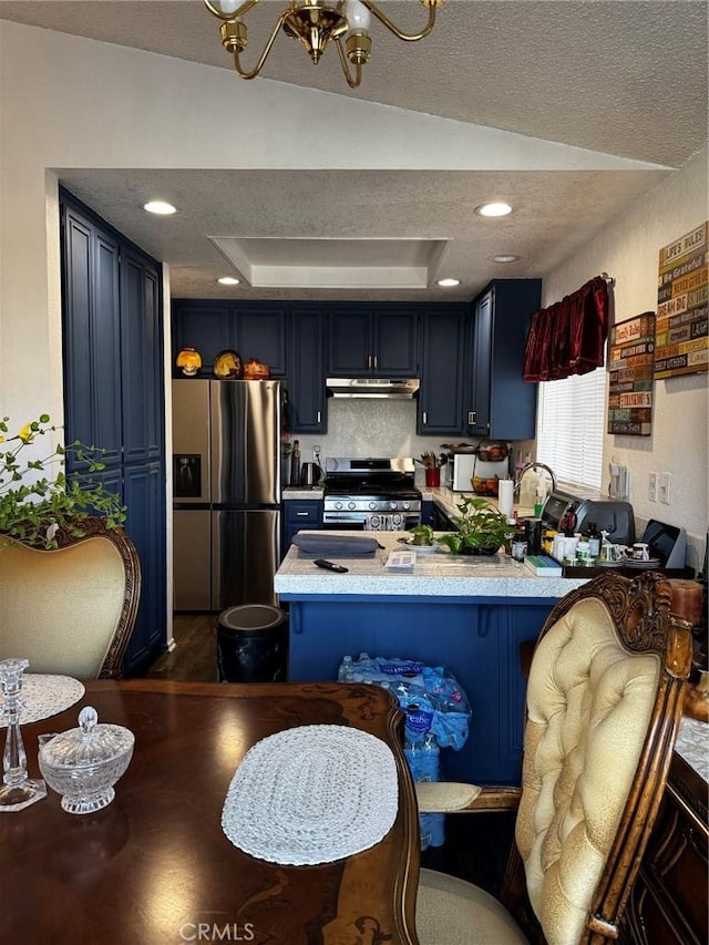 kitchen with blue cabinetry, appliances with stainless steel finishes, a tray ceiling, and kitchen peninsula