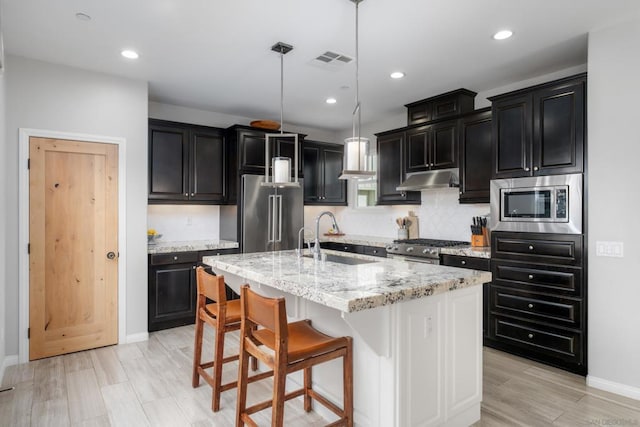 kitchen with sink, hanging light fixtures, high end appliances, a kitchen island with sink, and light stone countertops