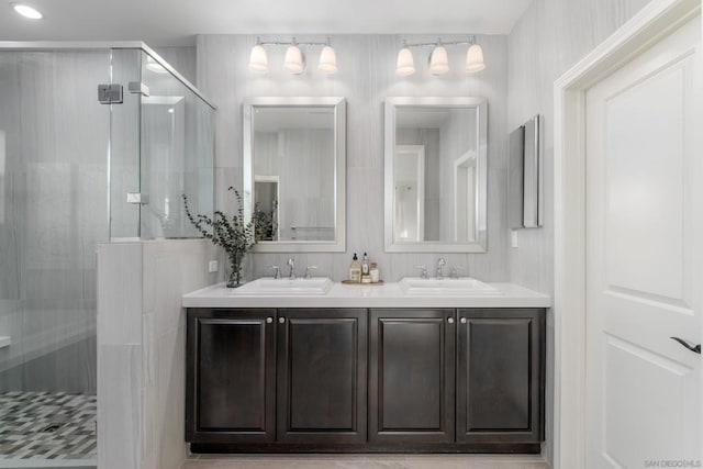 bathroom featuring vanity and walk in shower