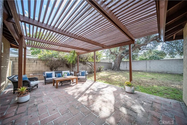 view of patio featuring a pergola and an outdoor hangout area