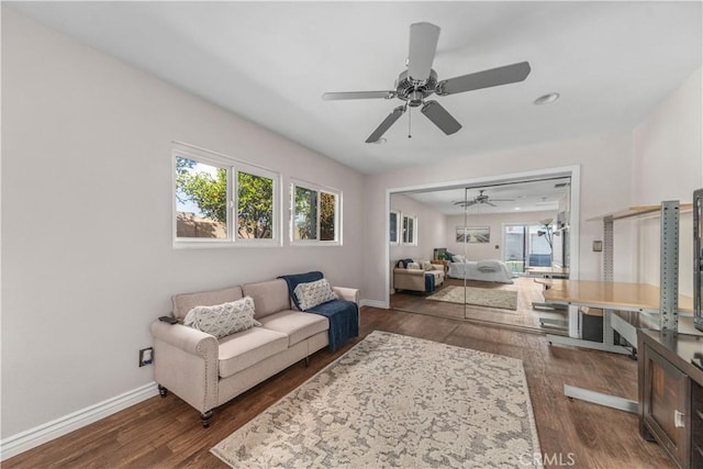 living room with dark hardwood / wood-style floors