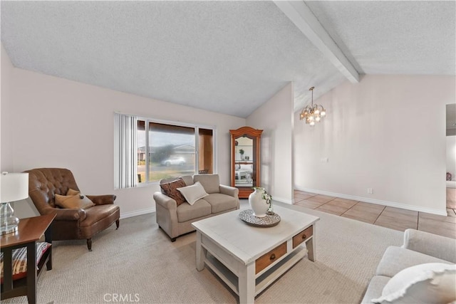 living room with light colored carpet, a chandelier, lofted ceiling with beams, and a textured ceiling