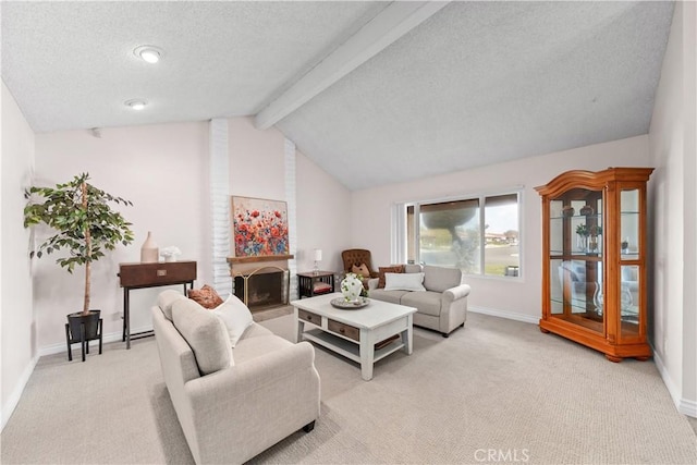 living room with lofted ceiling with beams, a brick fireplace, light carpet, and a textured ceiling