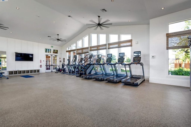 gym featuring a wealth of natural light, high vaulted ceiling, and ceiling fan