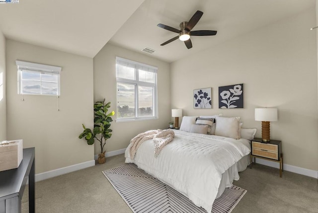 carpeted bedroom with ceiling fan