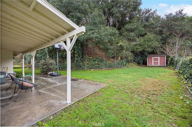 view of yard with a storage unit and a patio area