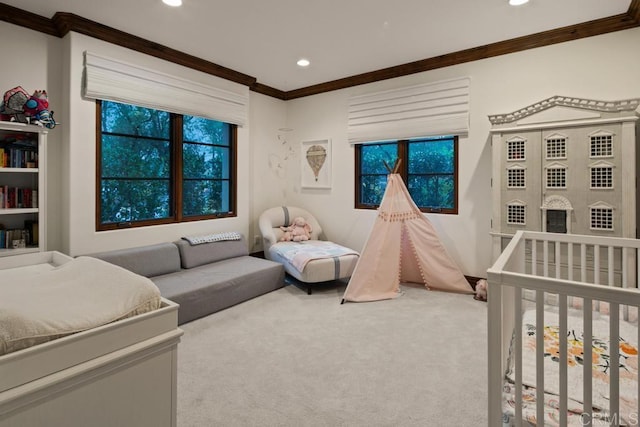 carpeted bedroom with recessed lighting, multiple windows, and crown molding