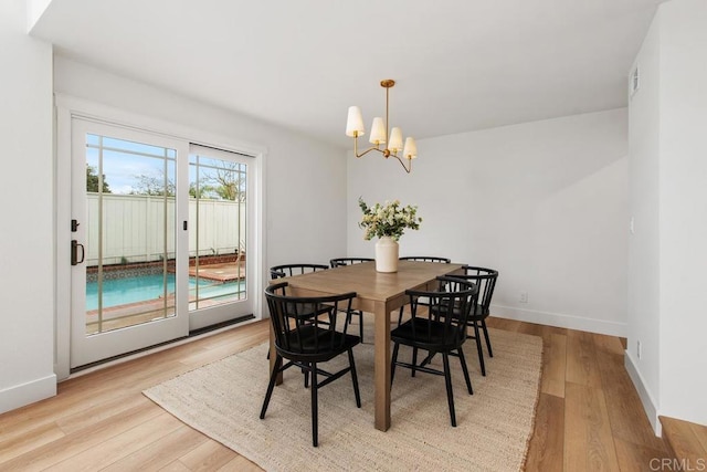 dining area featuring light wood finished floors, baseboards, and a notable chandelier