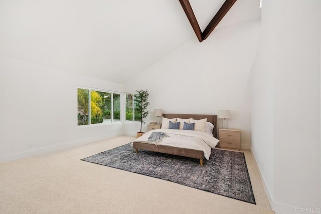 carpeted bedroom with high vaulted ceiling, beamed ceiling, and baseboards