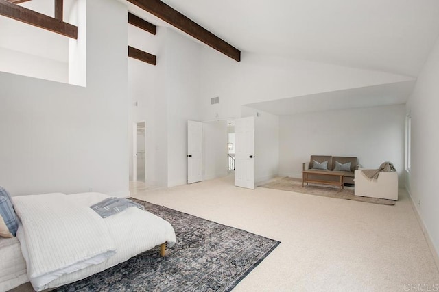 carpeted bedroom featuring high vaulted ceiling, visible vents, and beamed ceiling