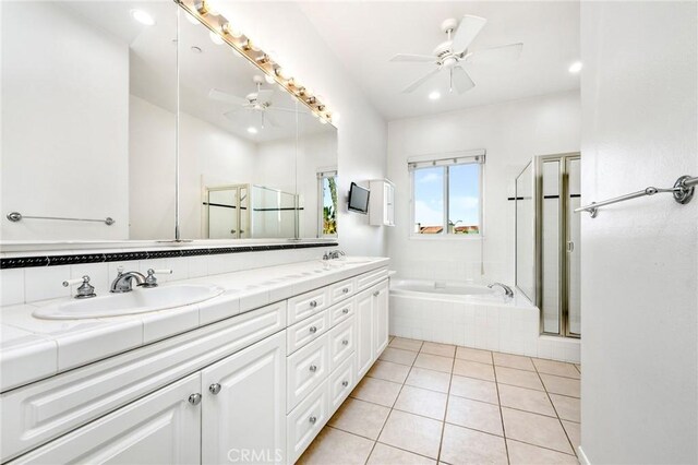 bathroom with separate shower and tub, tile patterned floors, and ceiling fan