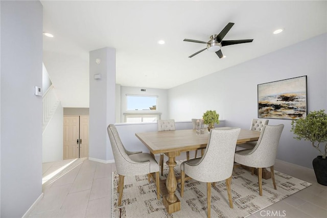 dining area featuring visible vents, baseboards, light tile patterned flooring, recessed lighting, and ceiling fan