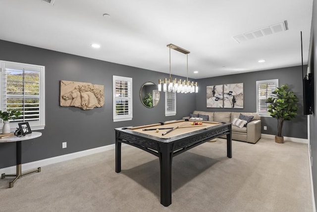 game room featuring a wealth of natural light, light colored carpet, and pool table