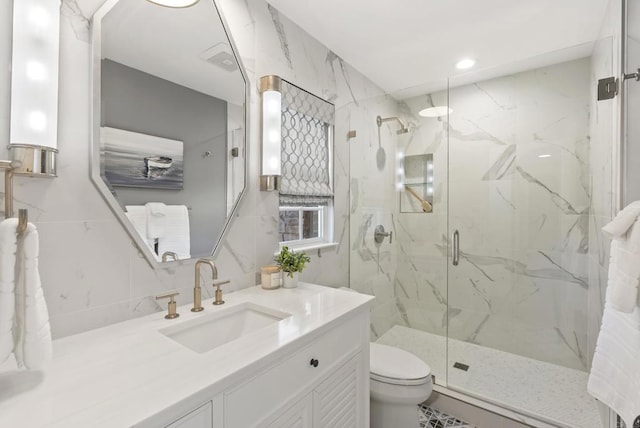 bathroom featuring walk in shower, vanity, toilet, and decorative backsplash