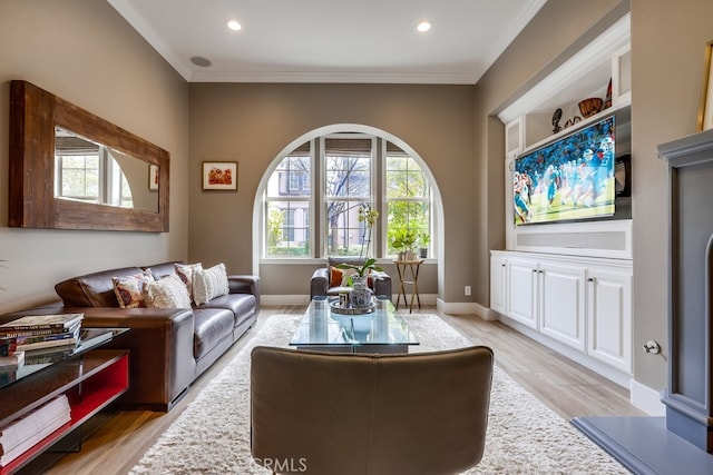 living room featuring ornamental molding and light hardwood / wood-style floors